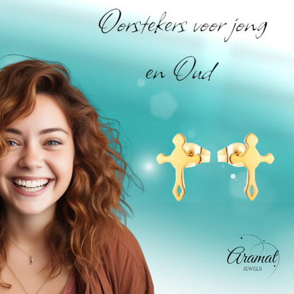 Steel Heart Earrings with Cross - Gold Color - 11x7mm