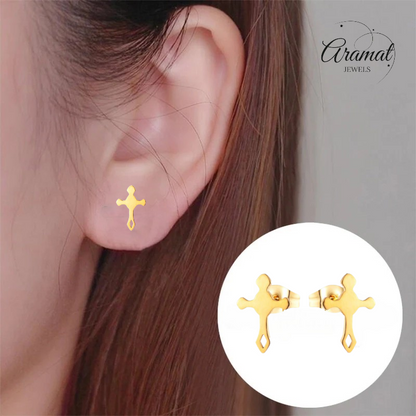 Steel Heart Earrings with Cross - Gold Color - 11x7mm