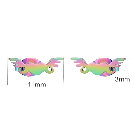 Rainbow heart stud earrings with wings – 11mm