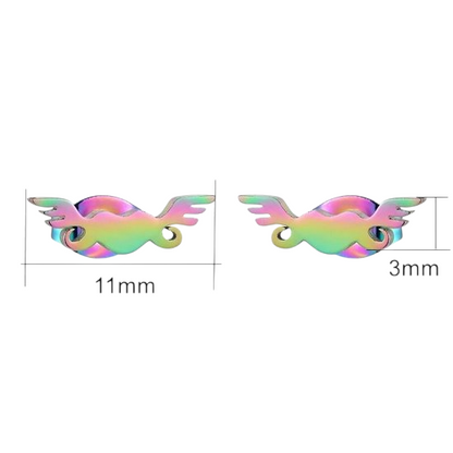 Rainbow heart stud earrings with wings – 11mm