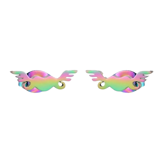Rainbow heart stud earrings with wings – 11mm