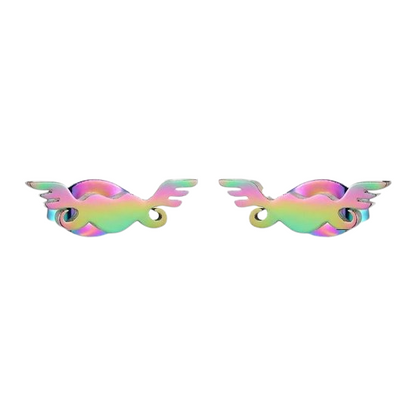 Rainbow heart stud earrings with wings – 11mm