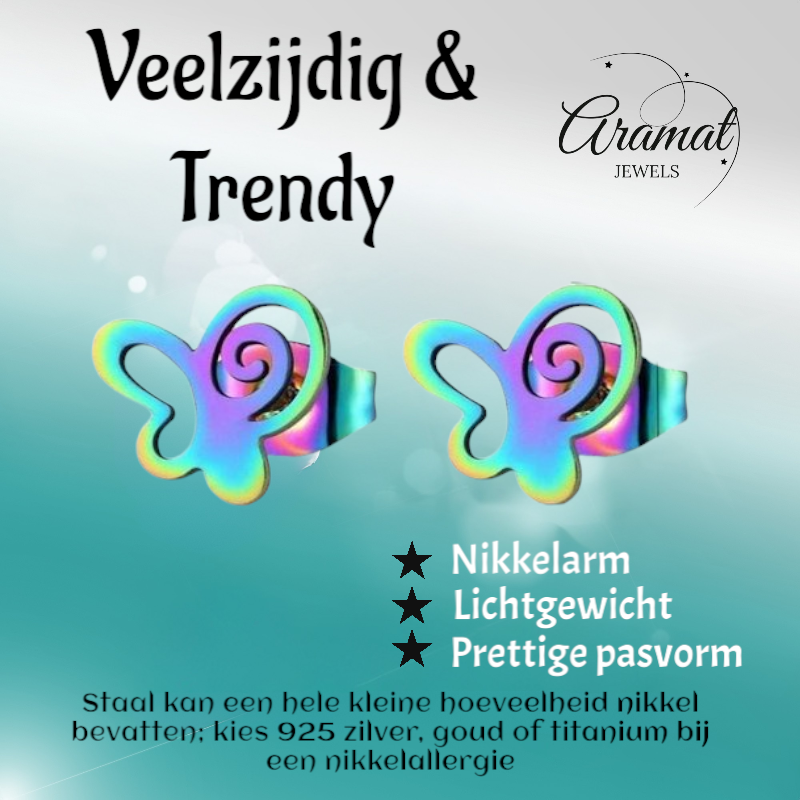 Butterfly stud earrings multi-coloured steel – 9mm open