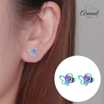 Butterfly stud earrings multi-coloured steel – 9mm open