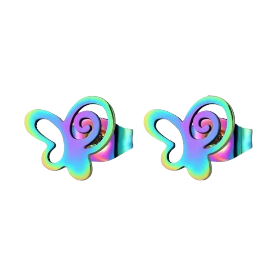 Butterfly stud earrings multi-coloured steel – 9mm open