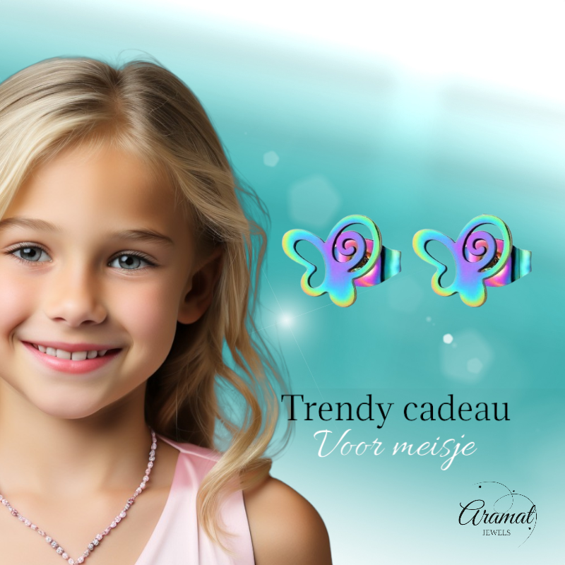 Butterfly stud earrings multi-coloured steel – 9mm open