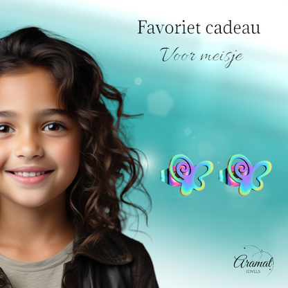 Butterfly stud earrings multi-coloured steel – 9mm open