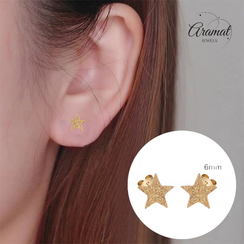 Star stud earrings gold color – sandblasted – 6mm