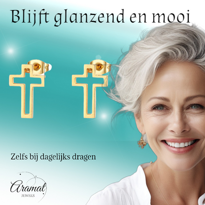 Steel Earrings with openwork cross - Gold color - 10x7mm