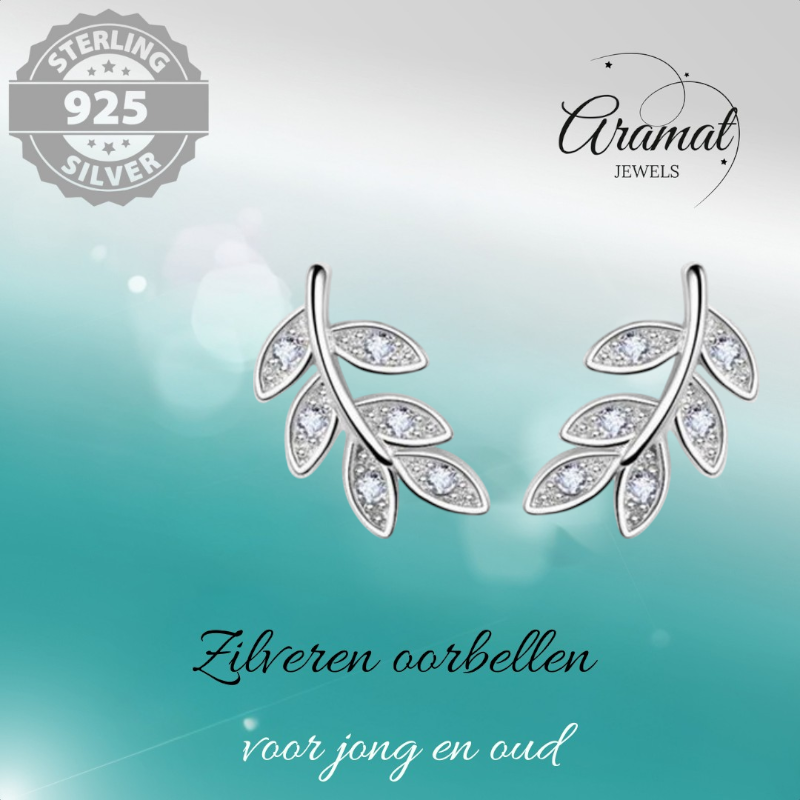 Silver Leaf Earrings with Zirconia – 9x6mm