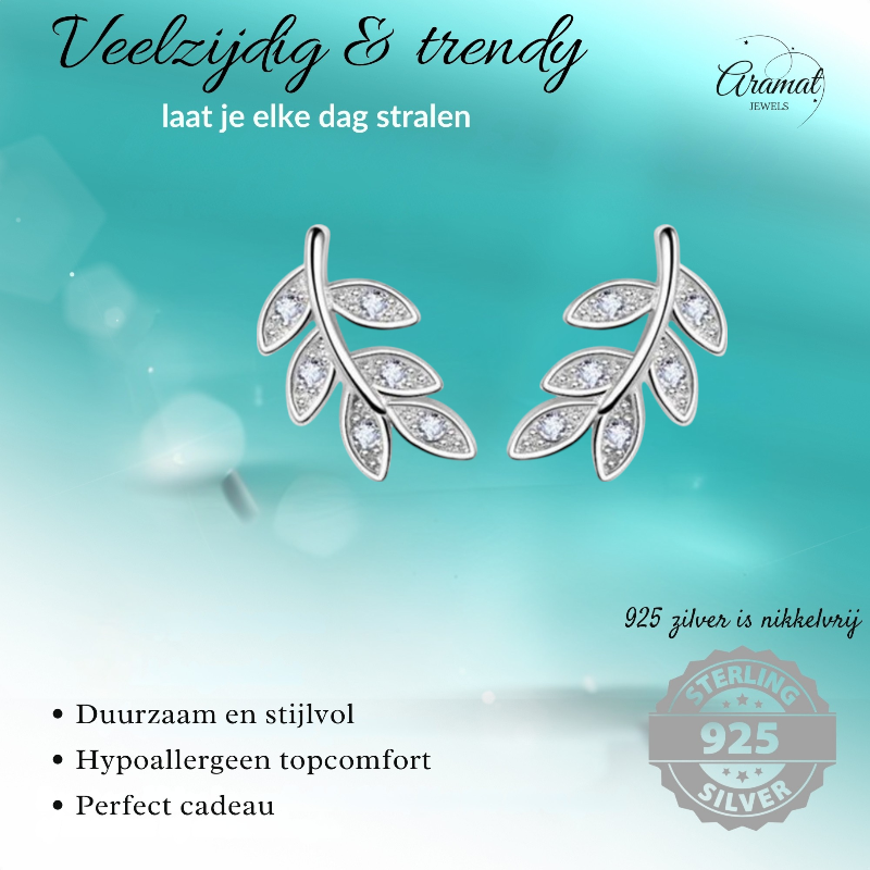Silver Leaf Earrings with Zirconia – 9x6mm