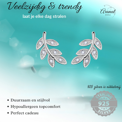 Silver Leaf Earrings with Zirconia – 9x6mm
