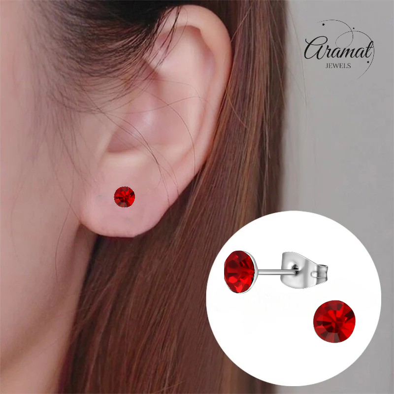 Steel Crystal Earrings with light red stones – Silver color – 5mm