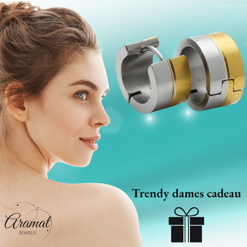 Earrings – Bicolor stainless steel with gold and silver stripes (13mm) 