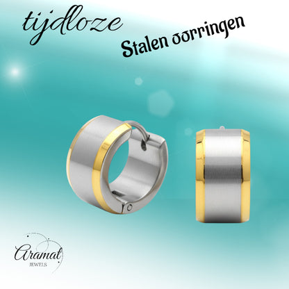 Earrings – Bicolor Stainless Steel with Wide Silver-Colored Stripe (13mm) 