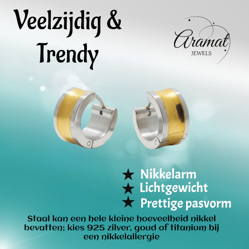 Earrings – Bicolor Stainless Steel with Wide Gold-Colored Stripe (13mm) 