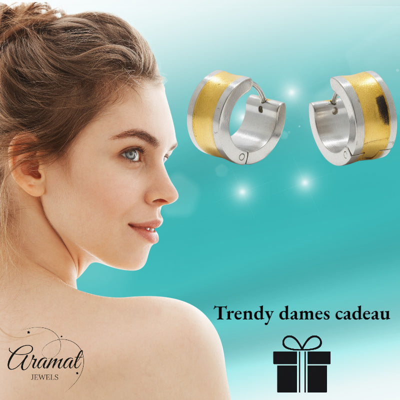 Earrings – Bicolor Stainless Steel with Wide Gold-Colored Stripe (13mm) 