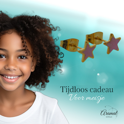 Star Earrings - Gold Color - 6mm - Pink Enamel 