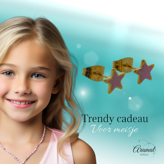 Star Earrings - Gold Color - 6mm - Pink Enamel 