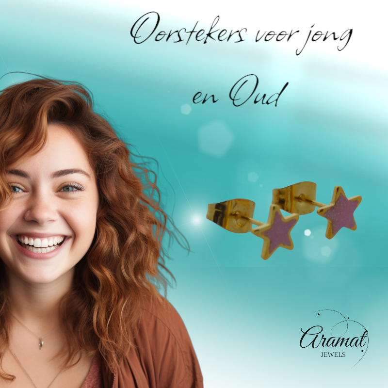 Star Earrings - Gold Color - 6mm - Pink Enamel 