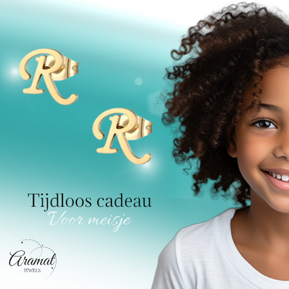 Boucles d'oreilles en acier inoxydable, lettre R – couleur or – 10 mm