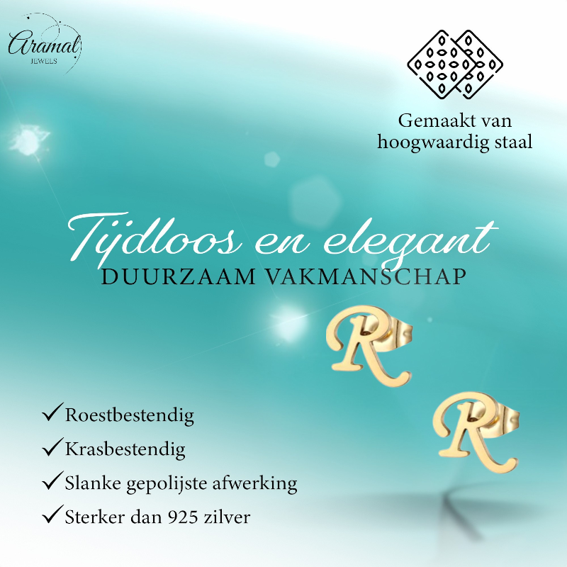 Boucles d'oreilles en acier inoxydable, lettre R – couleur or – 10 mm