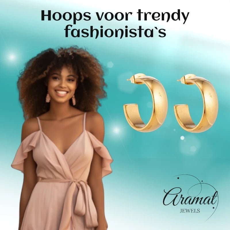 Oorbellen – 22mm Hoepel Creool Glad RVS Goudkleur Unisex - Aramat Jewels - Oorringen - cadeautip