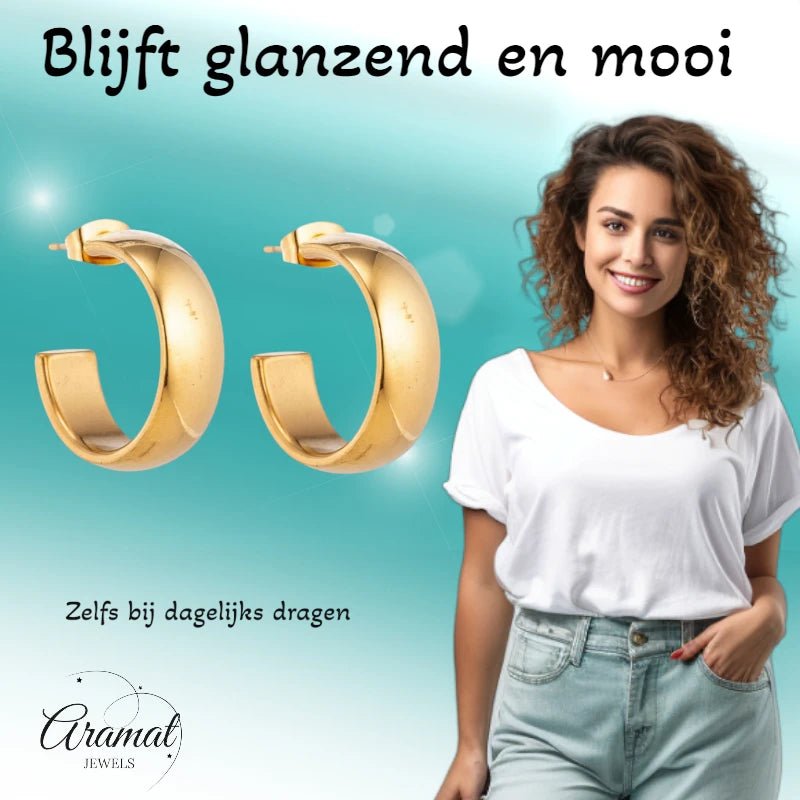 Oorbellen – 22mm Hoepel Creool Glad RVS Goudkleur Unisex - Aramat Jewels - Oorringen - cadeautip