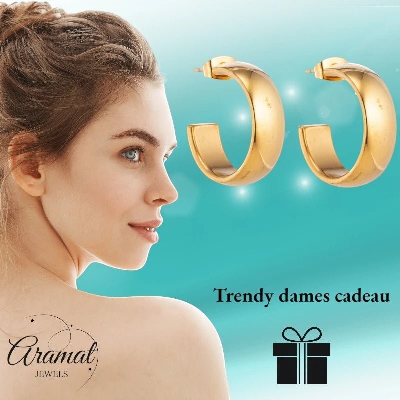 Oorbellen – 22mm Hoepel Creool Glad RVS Goudkleur Unisex - Aramat Jewels - Oorringen - cadeautip