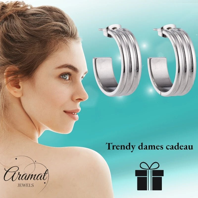 Oorbellen – 23mm Half - Hoop Streeprelief op RVS Zilverkleur - Aramat Jewels - Oorringen - cadeautip