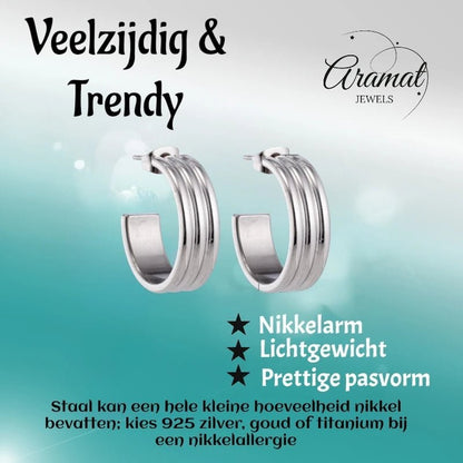 Oorbellen – 23mm Half - Hoop Streeprelief op RVS Zilverkleur - Aramat Jewels - Oorringen - cadeautip