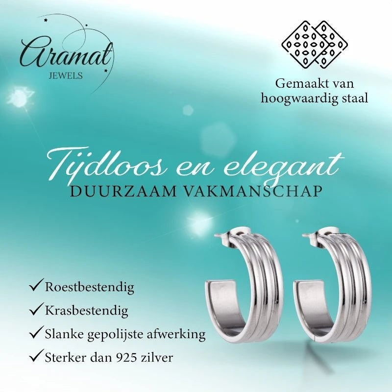 Oorbellen – 23mm Half - Hoop Streeprelief op RVS Zilverkleur - Aramat Jewels - Oorringen - cadeautip