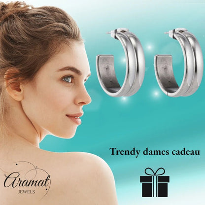 Oorbellen – 23mm Hoepel Creool 2 Lijnen RVS Zilverkleur Unisex - Aramat Jewels - Oorringen - cadeautip