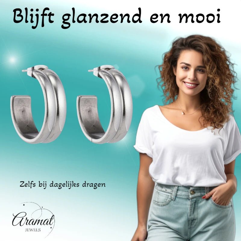 Oorbellen – 23mm Hoepel Creool 2 Lijnen RVS Zilverkleur Unisex - Aramat Jewels - Oorringen - cadeautip