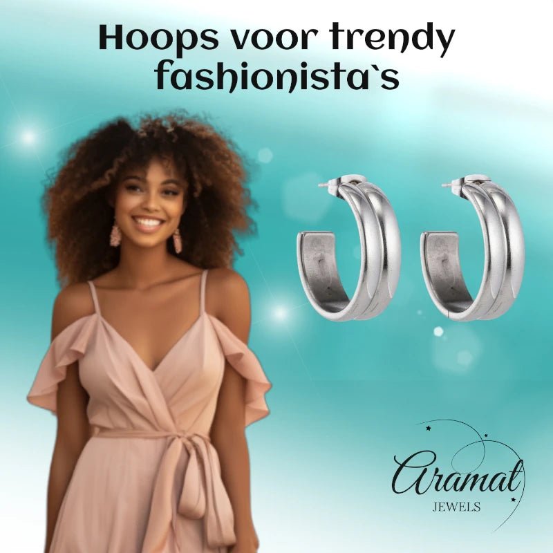 Oorbellen – 23mm Hoepel Creool 2 Lijnen RVS Zilverkleur Unisex - Aramat Jewels - Oorringen - cadeautip