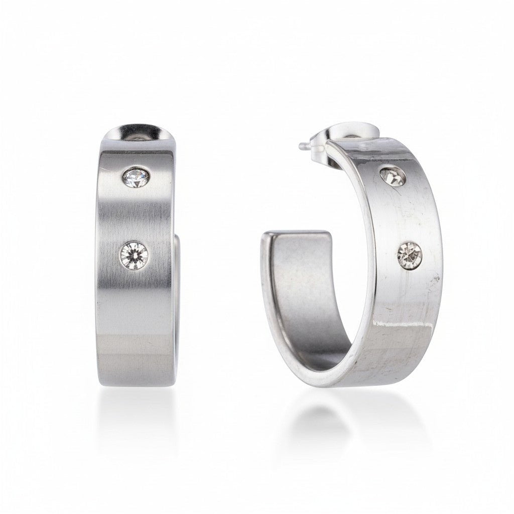 Oorbellen – 23mm Hoepel Creool 2 Zirkonia RVS Zilverkleur Unisex - Aramat Jewels - Oorringen - cadeautip