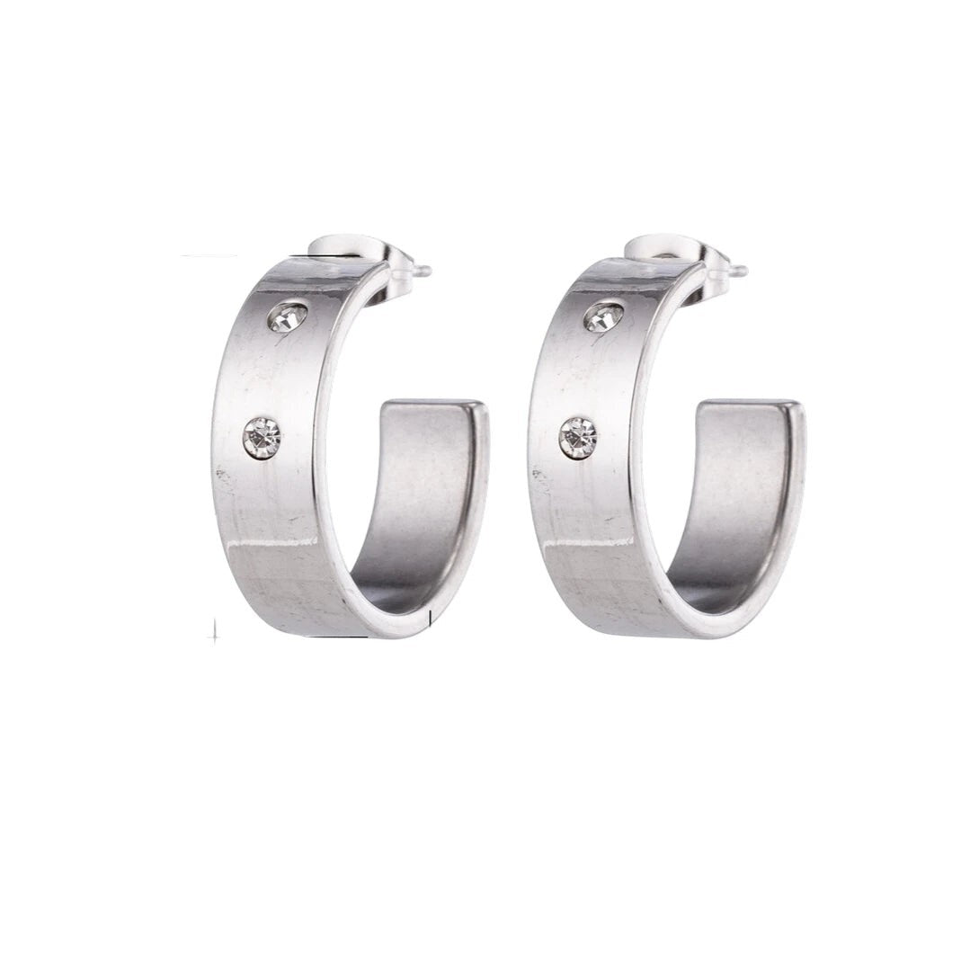 Oorbellen – 23mm Hoepel Creool 2 Zirkonia RVS Zilverkleur Unisex - Aramat Jewels - Oorringen - cadeautip