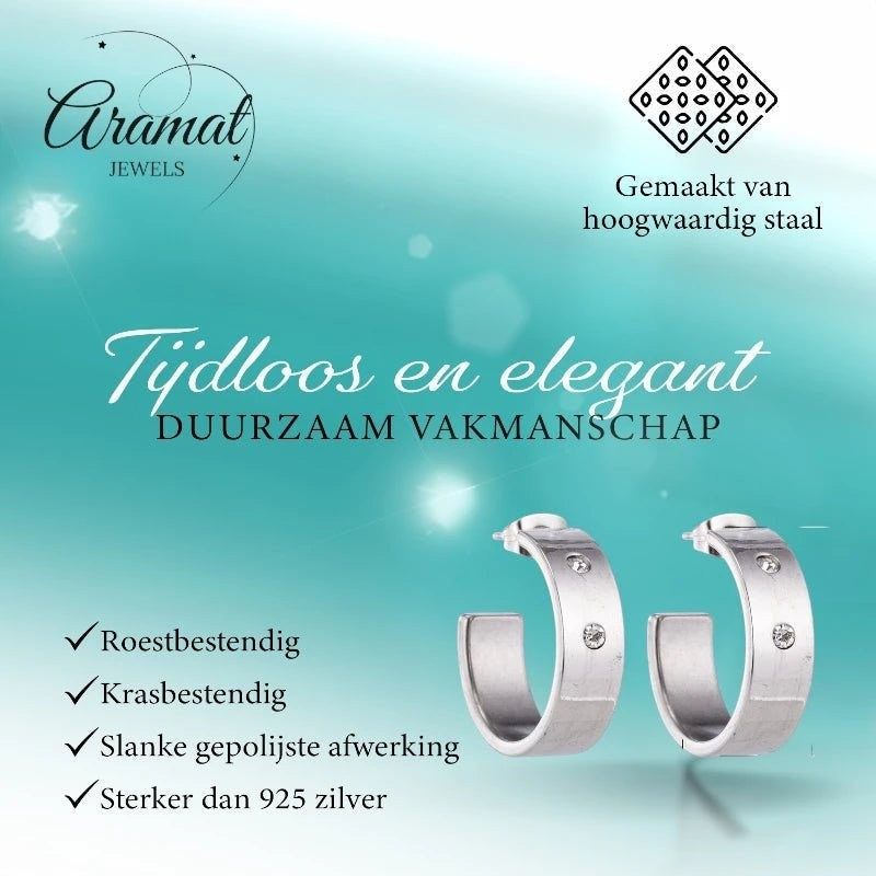Oorbellen – 23mm Hoepel Creool 2 Zirkonia RVS Zilverkleur Unisex - Aramat Jewels - Oorringen - cadeautip