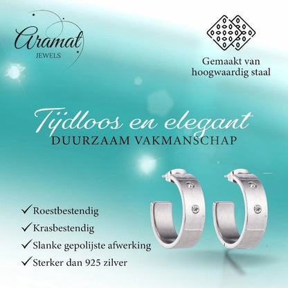 Oorbellen – 23mm Hoepel Creool 2 Zirkonia RVS Zilverkleur Unisex - Aramat Jewels - Oorringen - cadeautip
