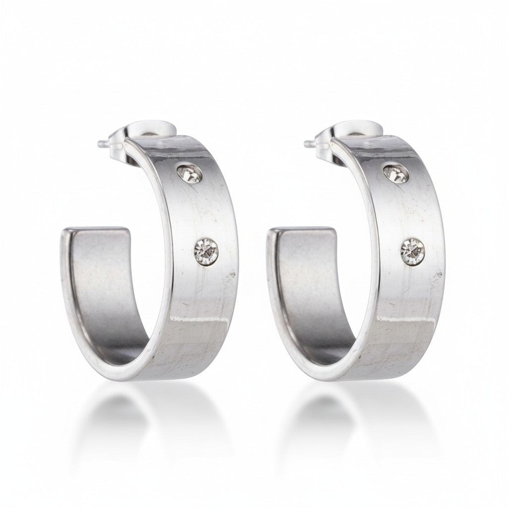 Oorbellen – 23mm Hoepel Creool 2 Zirkonia RVS Zilverkleur Unisex - Aramat Jewels - Oorringen - cadeautip