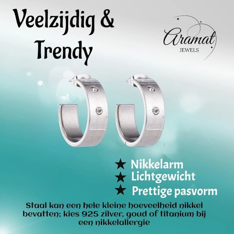 Oorbellen – 23mm Hoepel Creool 2 Zirkonia RVS Zilverkleur Unisex - Aramat Jewels - Oorringen - cadeautip