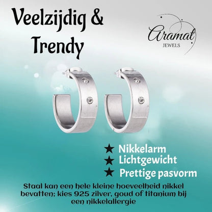 Oorbellen – 23mm Hoepel Creool 2 Zirkonia RVS Zilverkleur Unisex - Aramat Jewels - Oorringen - cadeautip