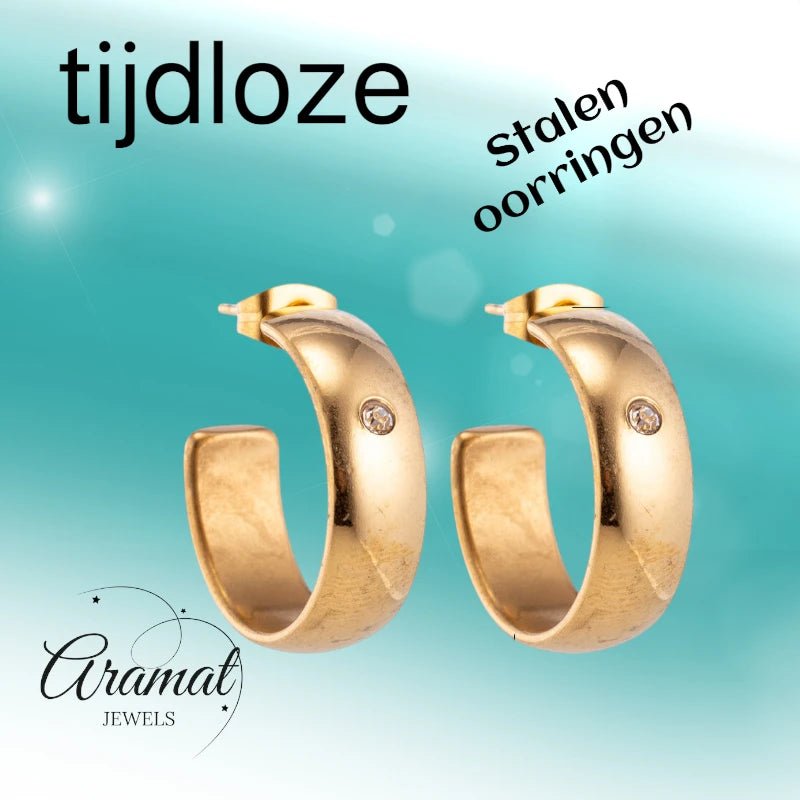 Oorbellen – 23mm Hoepel Creool Zirkonia Accent RVS Goudkleur Unisex - Aramat Jewels - Oorringen - cadeautip