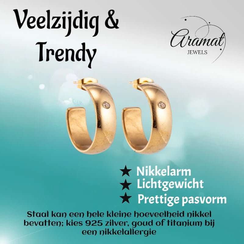 Oorbellen – 23mm Hoepel Creool Zirkonia Accent RVS Goudkleur Unisex - Aramat Jewels - Oorringen - cadeautip