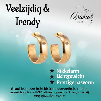 Oorbellen – 23mm Hoepel Creool Zirkonia Accent RVS Goudkleur Unisex - Aramat Jewels - Oorringen - cadeautip
