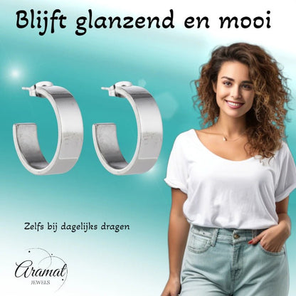 Oorbellen – 28mm Half - Hoop Glad RVS Zilverkleur Unisex - Aramat Jewels - Oorringen - cadeautip