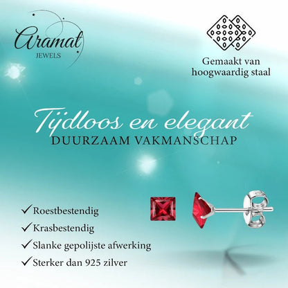 Oorbellen – 5mm Vierkante Zirkonia Rood op RVS Zilverkleur - Aramat Jewels - Oorbellen - cadeautip