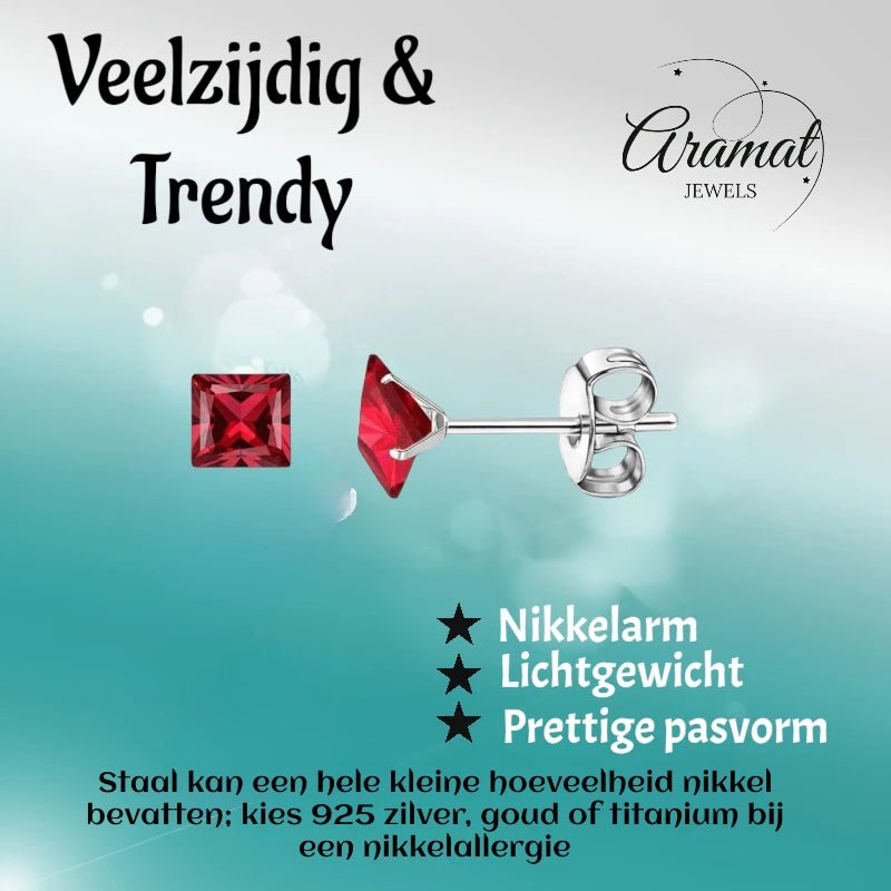 Oorbellen – 5mm Vierkante Zirkonia Rood op RVS Zilverkleur - Aramat Jewels - Oorbellen - cadeautip