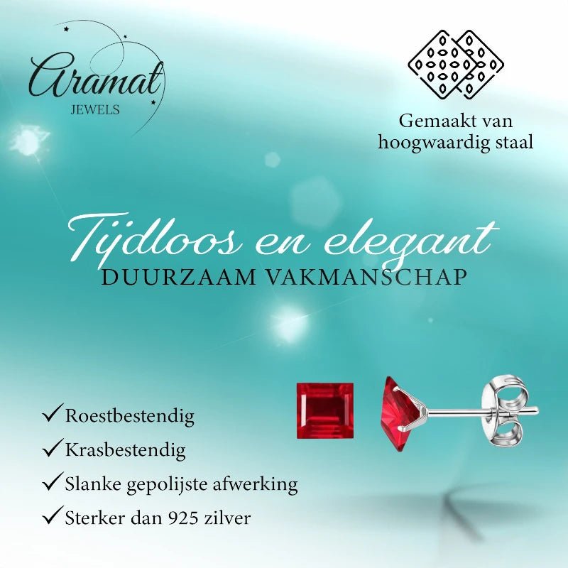 Oorbellen – 6mm Vierkante Zirkonia Rood op RVS Zilverkleur - Aramat Jewels - Oorbellen - cadeautip