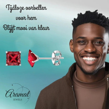 Oorbellen – 7mm Vierkante Zirkonia Rood op RVS Zilverkleur - Aramat Jewels - Oorbellen - cadeautip